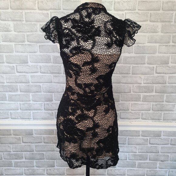 Vintage Ann Ferriday Y2K Black Lace Dress Fishnet Zipper Detail Ruffle Sleeve - Picture 2 of 11